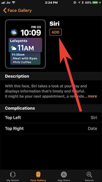 Tap on Add button in Watch App on iPhone to add Siri Watch Face as default on Apple Watch