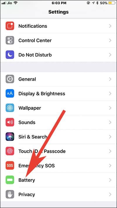 Tap on Battery in Settings on iPhone