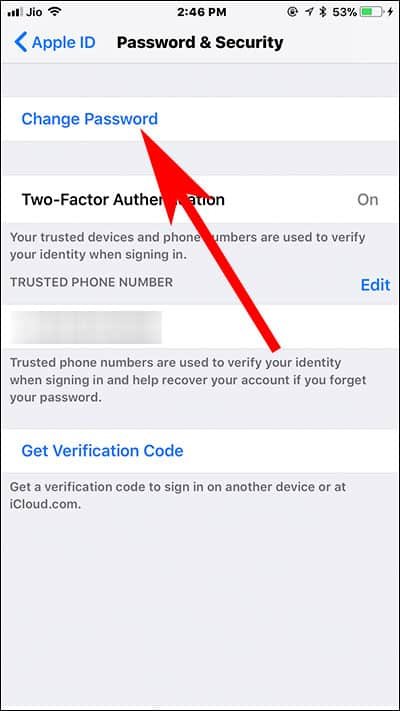 Tap on Change Password on iPhone and iPad