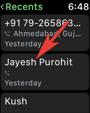 Tap on Contact Name from Apple Watch Phone App to Make a Call