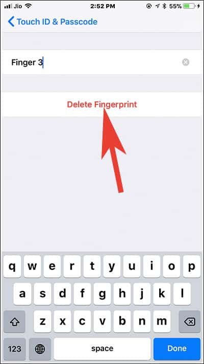 Tap on Delete to Remove Fingerprint from Touch ID Settings on iPhone and iPad