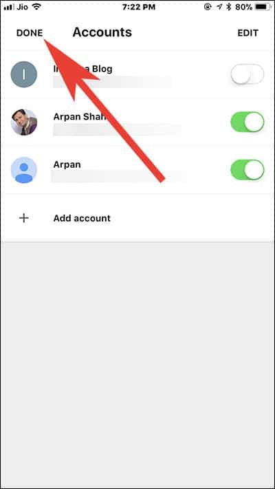 Tap on Done and manage non Google Account in Gmail App on iPhone and iPad