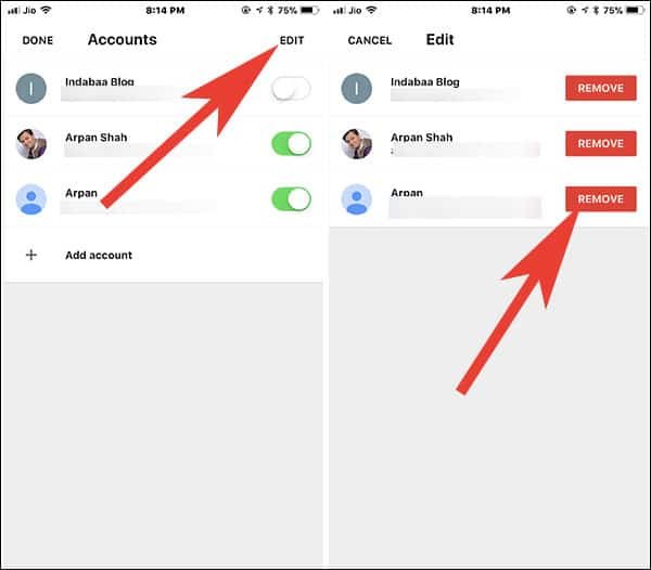 Tap on Edit and then tap on remove to completely delete Mail Account from Gmail App on iPhone and iPad