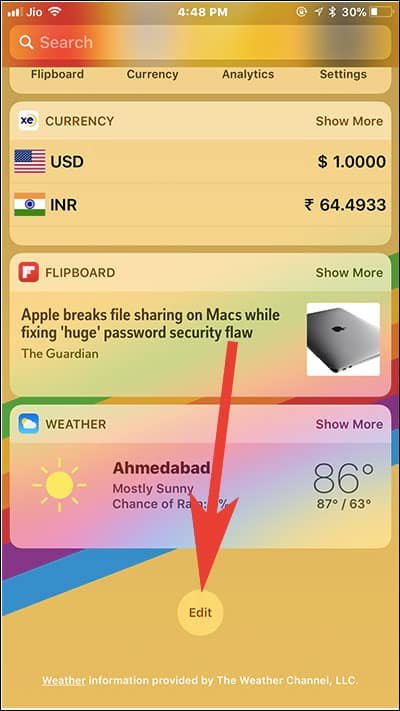 Tap on Edit to Add New Widget on iPhone and iPad