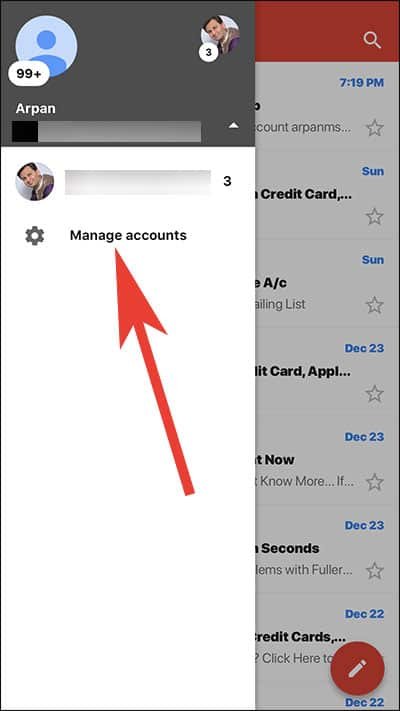 Tap on Manage Account in Gmail App on iPhone and iPad