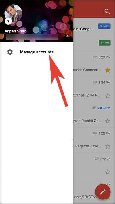 Tap on Manage Accounts in Gmail App on iOS device