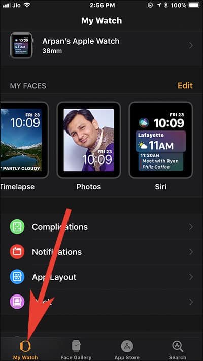Tap on My watch tab in Watch App on iPhone