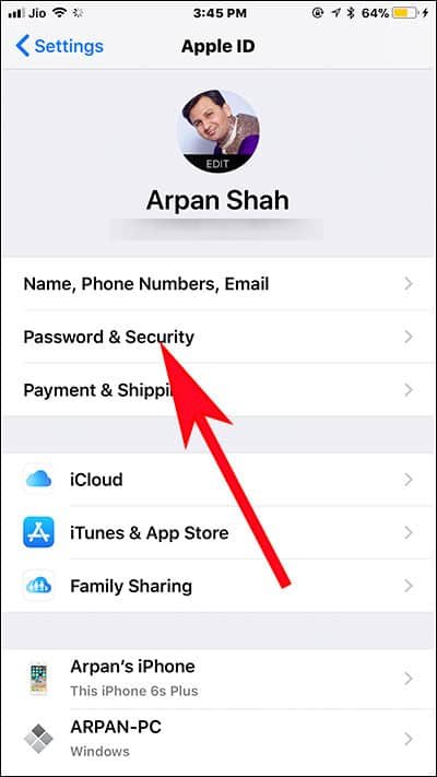 Tap on Password & Security on iPhone