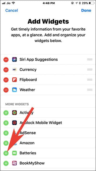 Tap on Plus icon to add battery widget on iPhone