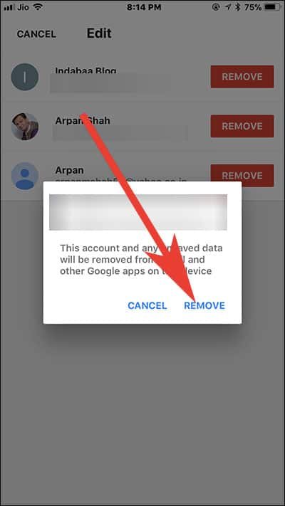 Tap on Remove once again to confirm in Gmail App on iOS device