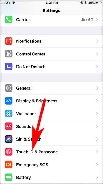 Tap on Touch ID and Password in iPhone Setting