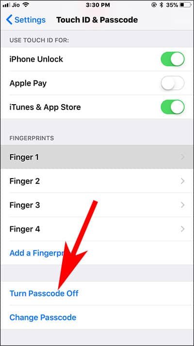 Tap on Turn Off Passcode for iPhone and iPad