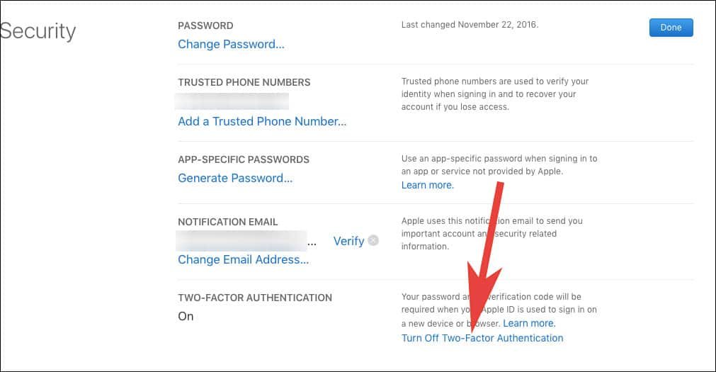 Tap on Turn Off Two Factor Authentication in Appleid.apple.com