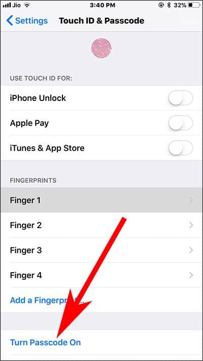 Tap on Turn On Passcode to Set Password on iPhone and iPad