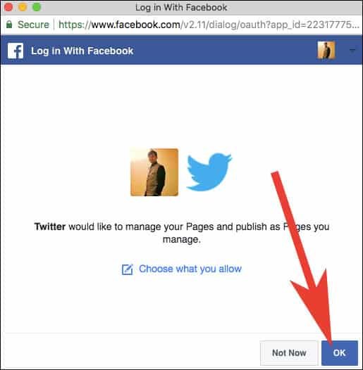 Allow twitter to manage and publish post on Facebook Pages