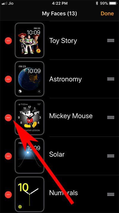 Choose a Watch Face you want to Remove and tap on minus icon