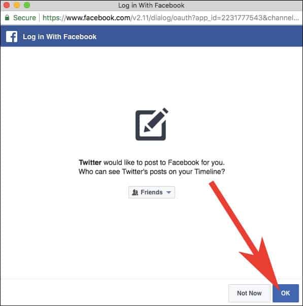 Click OK to Connect Facebook Account with Twitter