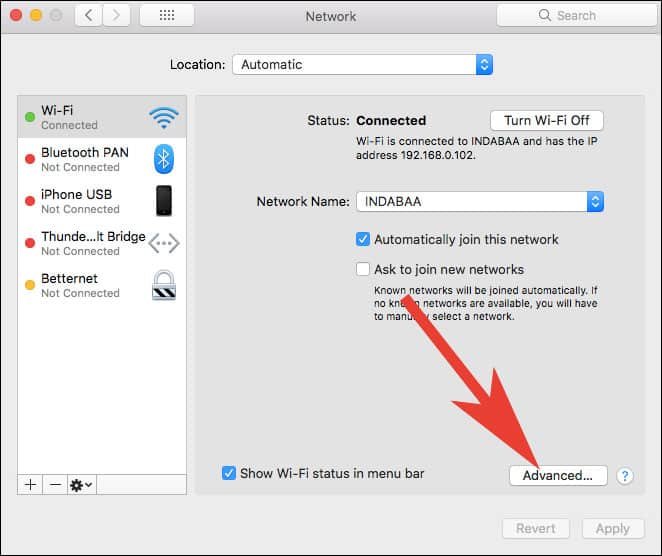 Click on Advanced in Network Settings on Mac