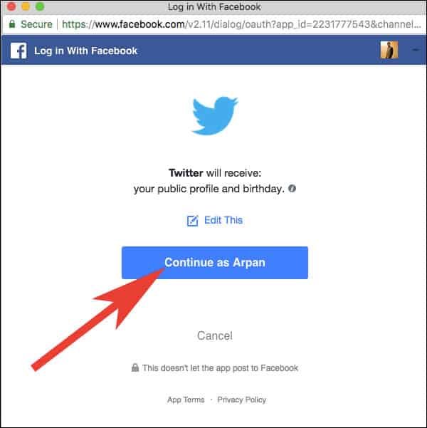 Click on Continue to Allow Twitter to Access your Facebook Info