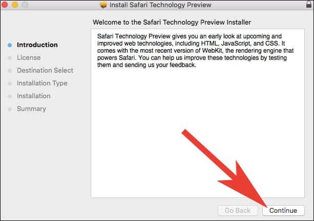 Click on Continue to Go ahead with Safari Technology Preview Installation Process