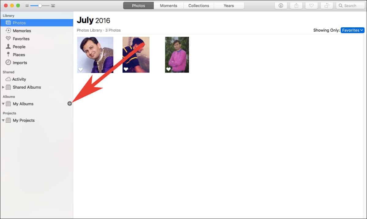 Click on Plus Button in Photos App to Add Project on Mac