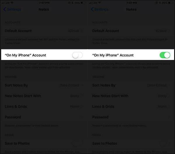 Enable ON My iPhone Account for Notes App