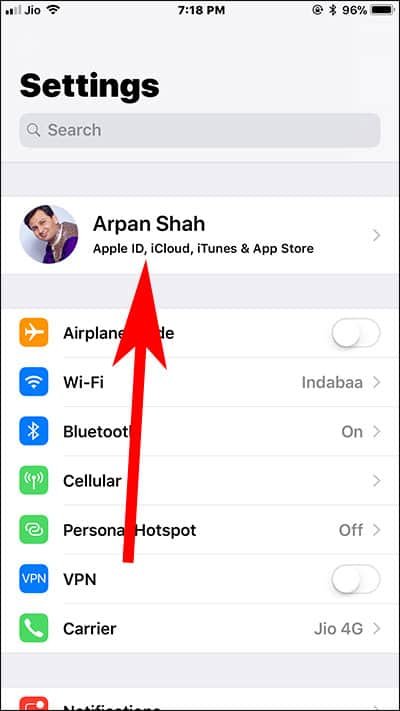 Tap on Apple ID Banner in Settings App on iPhone and iPad