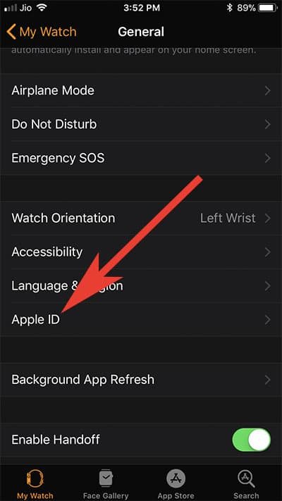 Tap on Apple ID and Sign In in Watch App on iPhone