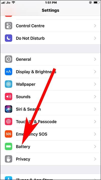 Tap on Battery Option in Settings App on iPhone