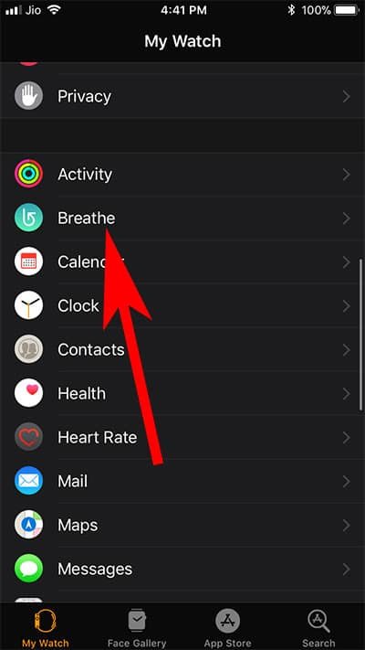 Tap on Breathe App in Watch App on iPhone