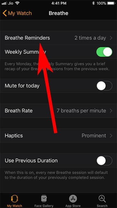 Tap on Breathe Reminders