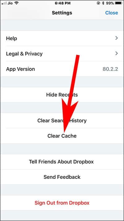 Tap on Clear Cache in Dropbox App on iPhone and iPad