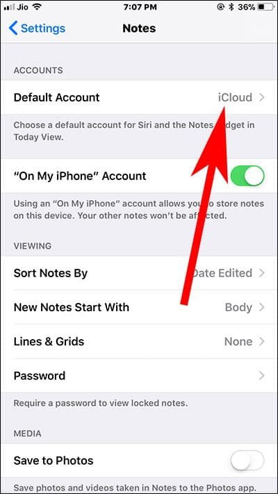 Tap on Default Account in Notes App on iPhone and iPad