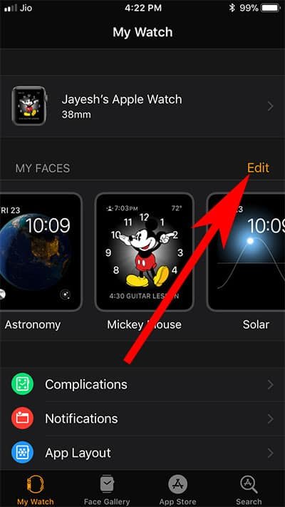 Tap on Edit in Watch App on iPhone
