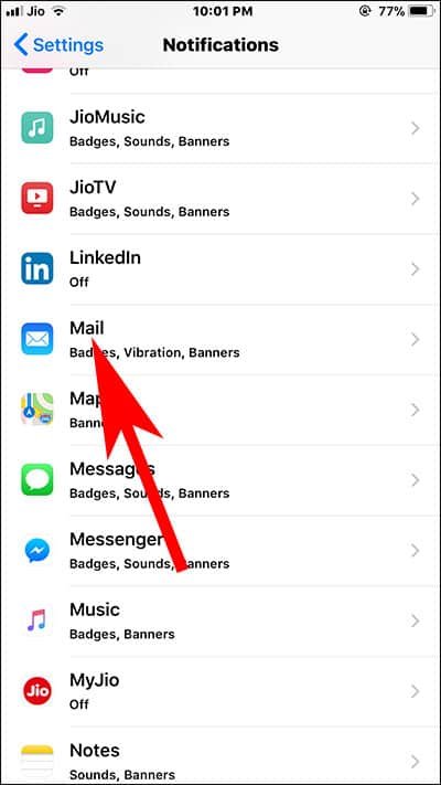 Tap on Mail App in Notifications on iPhone