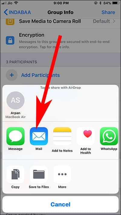 Tap on Mail App to Export WhatsApp Chat History