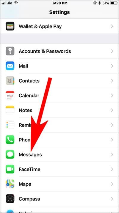 Tap on Messages in Settings App on iPhone