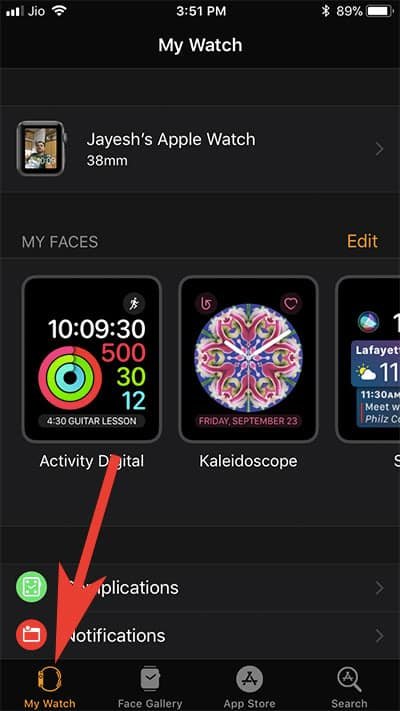 Tap on My watch tab in watch app on iPhone