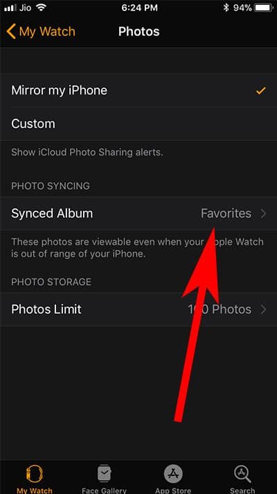 Tap on Synced Album in Watch Photos App on iPhone