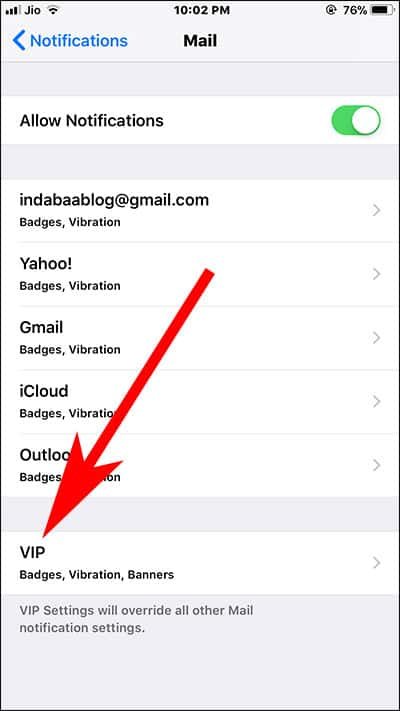 Tap on VIP under Mail App Settings on iPhone and iPad