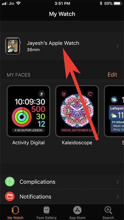 Tap on your Name in Watch App on iPhone