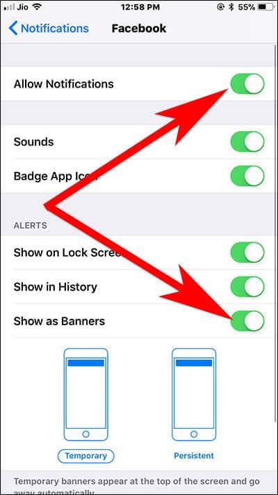 Toggle ON Allow Notifications and Show as Banners on iPhone and iPad