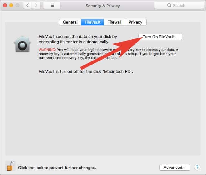 Turn On FileVault DIsk Encryption on Mac