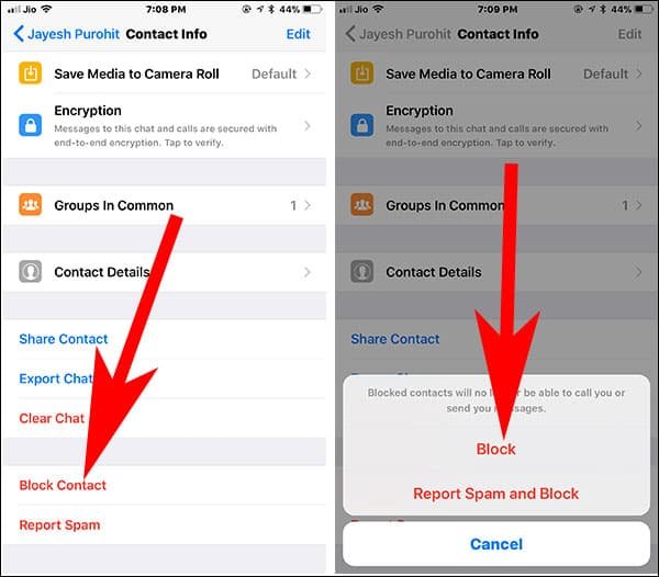 Tap on Block Contact in WhatsApp on iPhone and Android