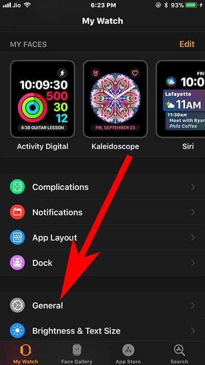 Tap on General on Apple Watch