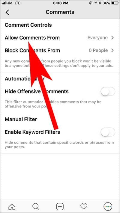 Tap on Allow comments from in Instagram on iPhone and Android