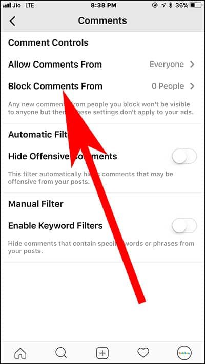 Tap on Block Comments from in Instagram on iPhone and Android