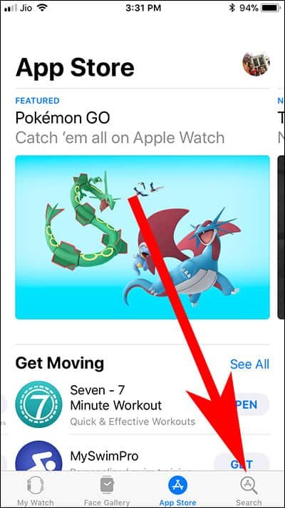 Tap on Search button in Apple Watch Store on iPhone