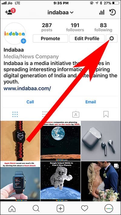 Tap on Settings in Instagram on iPhone