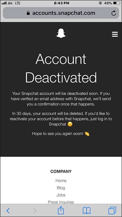 Confirmation Message of Deleting Snapchat Account